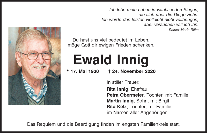 Traueranzeige für Ewald Innig vom 26.11.2020 aus Mittelbayerische Zeitung Kelheim