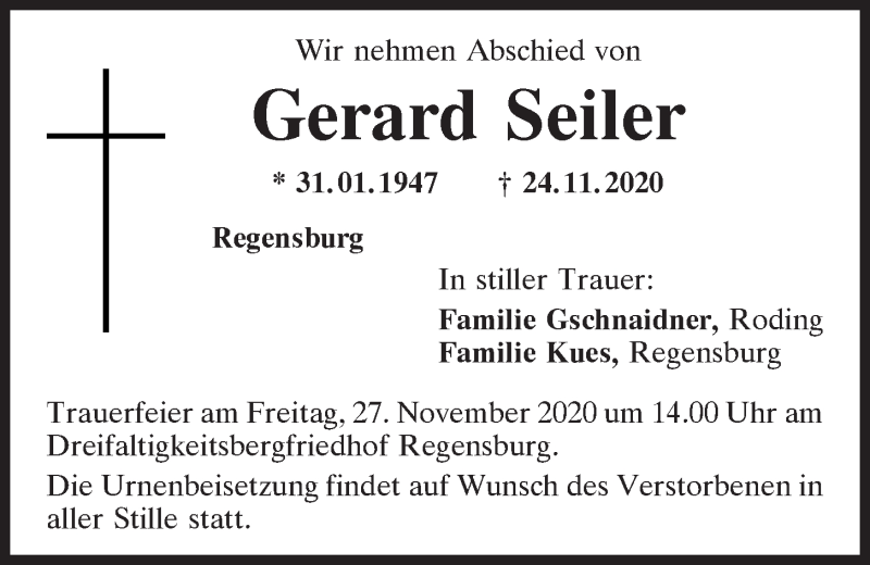  Traueranzeige für Gerard Seiler vom 26.11.2020 aus Mittelbayerische Zeitung Regensburg