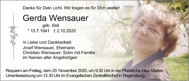 Traueranzeige für Gerda Wensauer vom 14.11.2020 aus Mittelbayerische Zeitung Regensburg