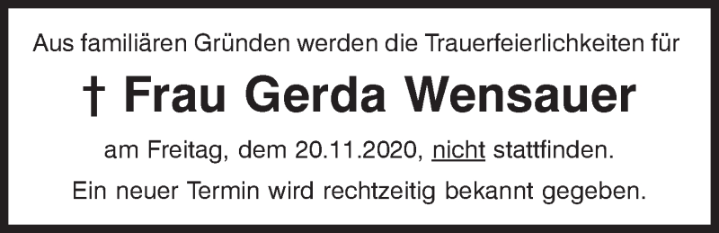  Traueranzeige für Gerda Wensauer vom 18.11.2020 aus Mittelbayerische Zeitung Regensburg