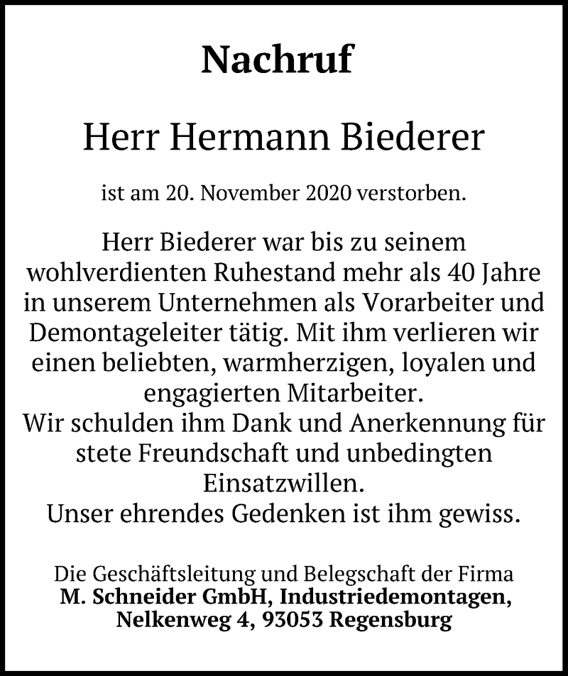  Traueranzeige für Hermann Biederer vom 27.11.2020 aus Mittelbayerische Zeitung Regensburg