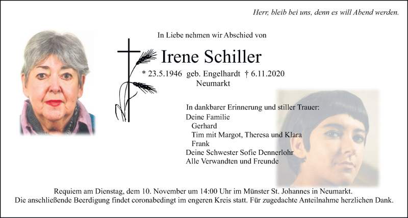  Traueranzeige für Irene Schiller vom 09.11.2020 aus Neumarkter Tagblatt