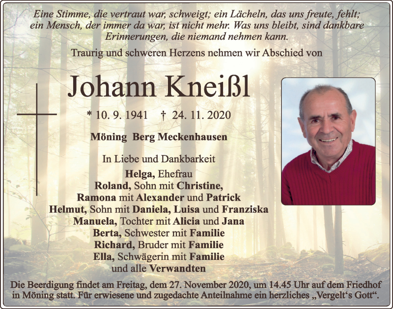  Traueranzeige für Johann Kneißl vom 25.11.2020 aus Neumarkter Tagblatt
