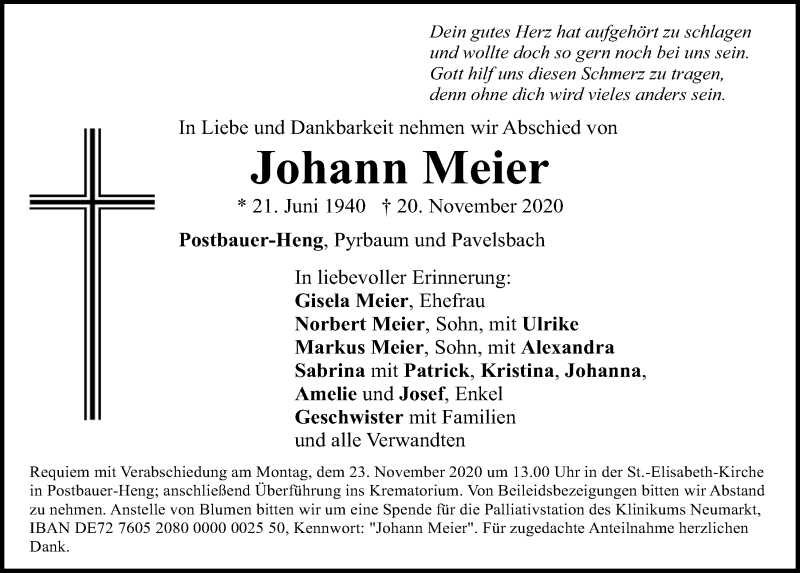  Traueranzeige für Johann Meier vom 21.11.2020 aus Neumarkter Tagblatt