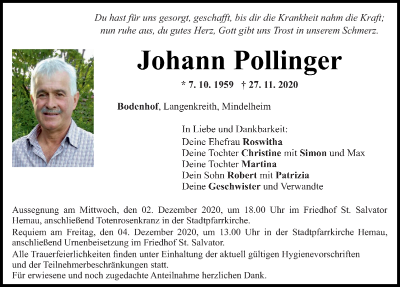  Traueranzeige für Johann Pollinger vom 01.12.2020 aus Mittelbayerische Zeitung Regensburg