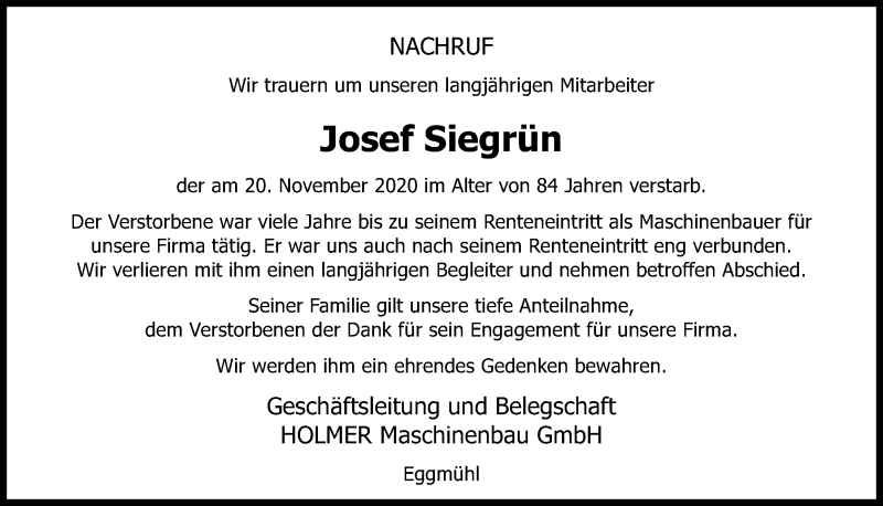  Traueranzeige für Josef Siegrün vom 26.11.2020 aus Mittelbayerische Zeitung Regensburg