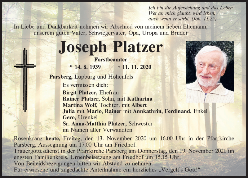  Traueranzeige für Joseph Platzer vom 13.11.2020 aus Neumarkter Tagblatt