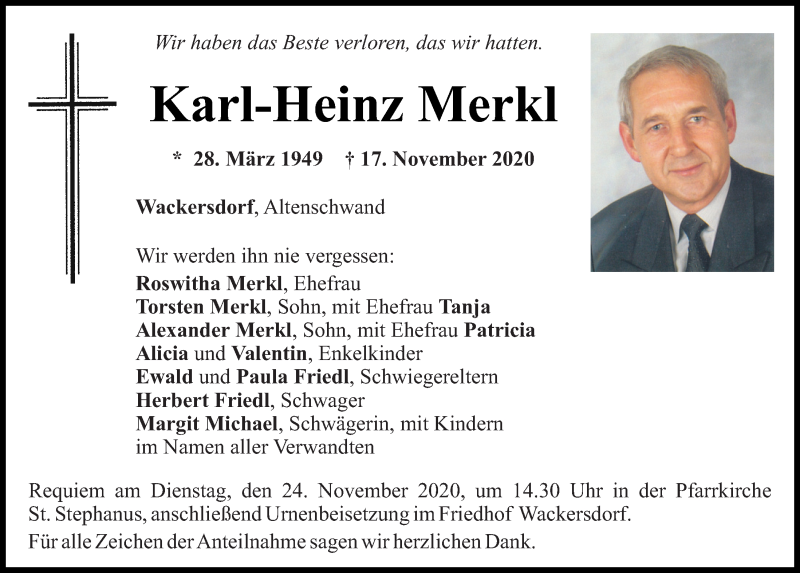  Traueranzeige für Karl-Heinz Merkl vom 20.11.2020 aus Mittelbayerische Zeitung Schwandorf