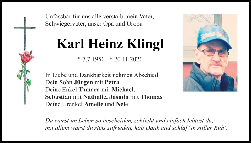  Traueranzeige für Karl Heinz Klingl vom 28.11.2020 aus Bayerwald Echo