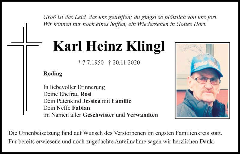  Traueranzeige für Karl Heinz Klingl vom 27.11.2020 aus Bayerwald Echo