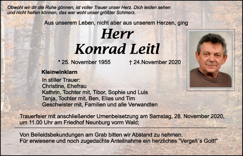  Traueranzeige für Konrad Leitl vom 26.11.2020 aus Mittelbayerische Zeitung Schwandorf