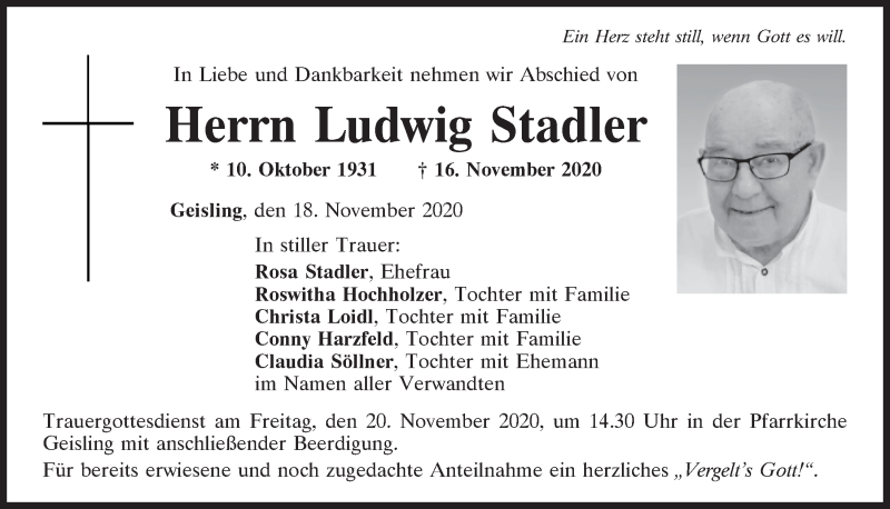  Traueranzeige für Ludwig Stadler vom 18.11.2020 aus Mittelbayerische Zeitung Regensburg