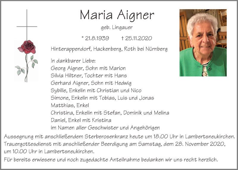  Traueranzeige für Maria Aigner vom 27.11.2020 aus Mittelbayerische Zeitung Regensburg