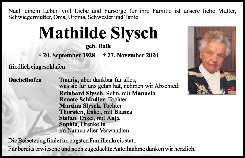  Traueranzeige für Mathilde Slysch vom 28.11.2020 aus Mittelbayerische Zeitung Schwandorf