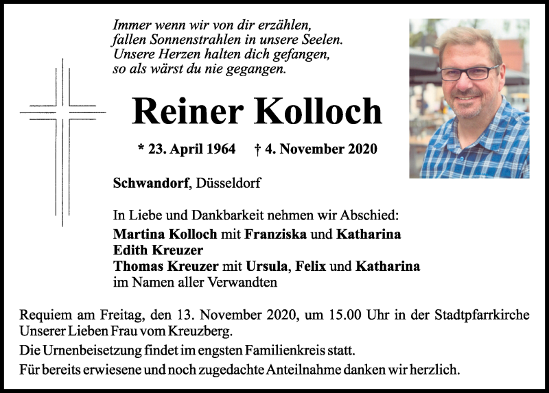  Traueranzeige für Reiner Kolloch vom 07.11.2020 aus Mittelbayerische Zeitung Schwandorf