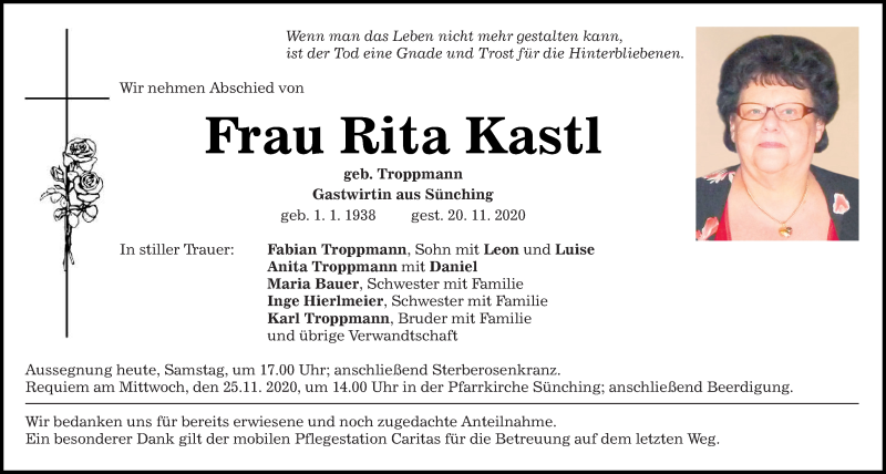  Traueranzeige für Rita Kastl vom 21.11.2020 aus Mittelbayerische Zeitung Regensburg