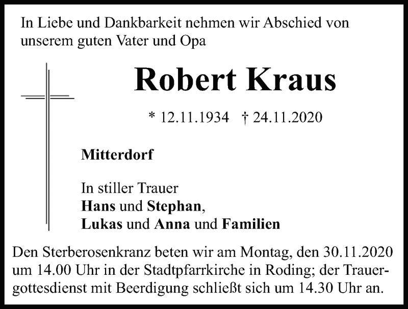  Traueranzeige für Robert Kraus vom 27.11.2020 aus Bayerwald Echo