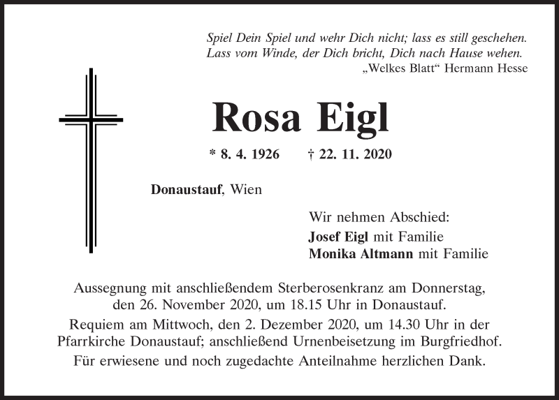  Traueranzeige für Rosa Eigl vom 25.11.2020 aus Mittelbayerische Zeitung Regensburg