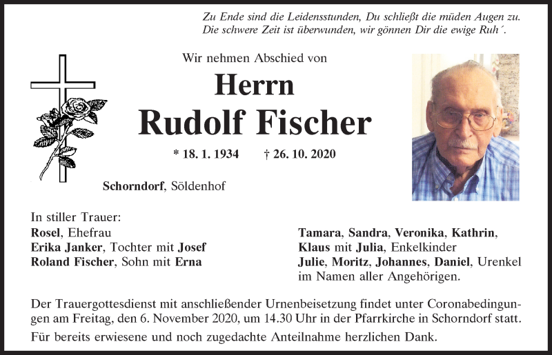  Traueranzeige für Rudolf Fischer vom 04.11.2020 aus Bayerwald Echo