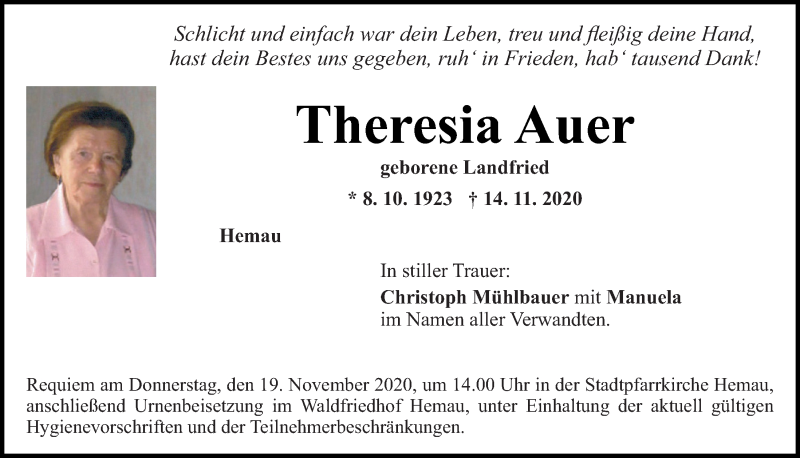  Traueranzeige für Theresia Auer vom 17.11.2020 aus Mittelbayerische Zeitung Regensburg