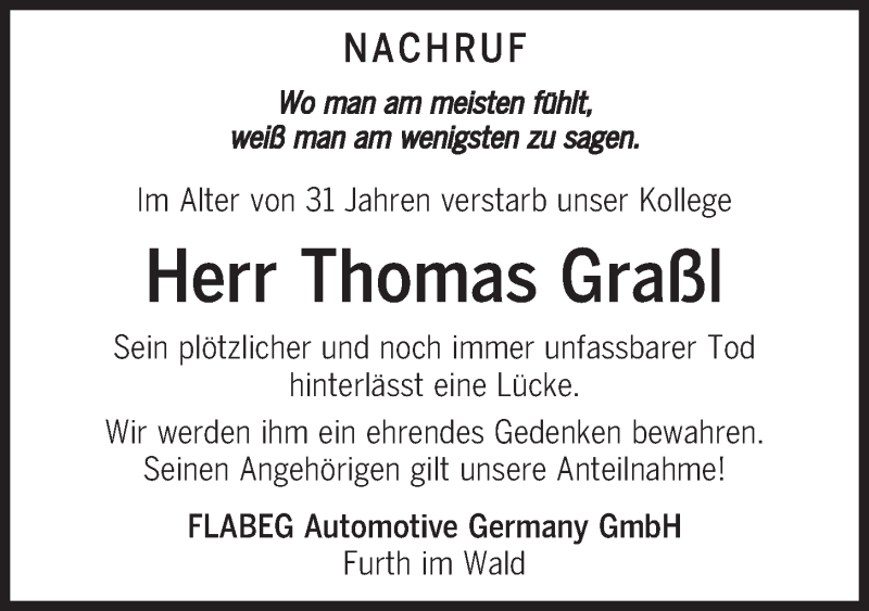  Traueranzeige für Thomas Graßl vom 06.11.2020 aus Bayerwald Echo