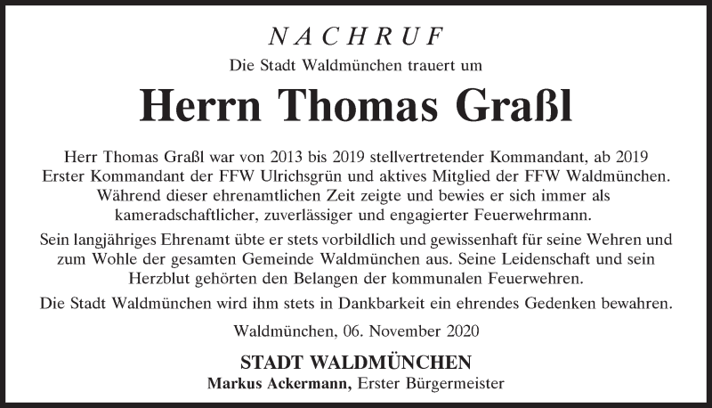  Traueranzeige für Thomas Graßl vom 06.11.2020 aus Bayerwald Echo