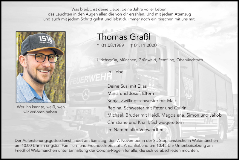  Traueranzeige für Thomas Graßl vom 05.11.2020 aus Bayerwald Echo