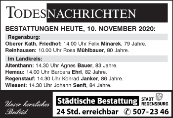 Traueranzeige von Totentafel vom 10.11.2020 von Mittelbayerische Zeitung Regensburg