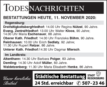 Traueranzeige von Totentafel vom 11.11.2020 von Mittelbayerische Zeitung Regensburg
