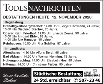 Traueranzeige von Totentafel vom 12.11.2020 von Mittelbayerische Zeitung Regensburg