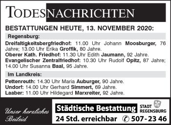 Traueranzeige von Totentafel vom 13.11.2020 von Mittelbayerische Zeitung Regensburg