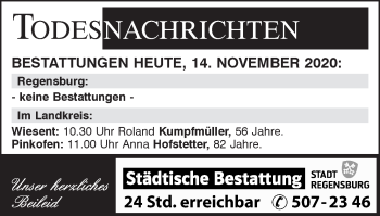 Traueranzeige von Totentafel vom 14.11.2020 von Mittelbayerische Zeitung Regensburg