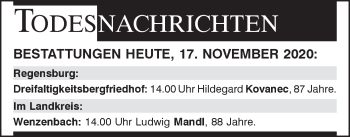 Traueranzeige von Totentafel vom 17.11.2020 von Mittelbayerische Zeitung Regensburg