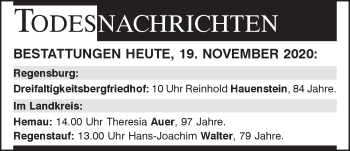 Traueranzeige von Totentafel vom 19.11.2020 von Mittelbayerische Zeitung Regensburg