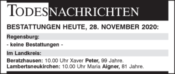 Traueranzeige von Totentafel vom 28.11.2020 von Mittelbayerische Zeitung Regensburg