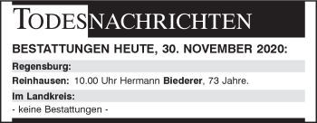 Traueranzeige von Totentafel vom 30.11.2020 von Mittelbayerische Zeitung Regensburg