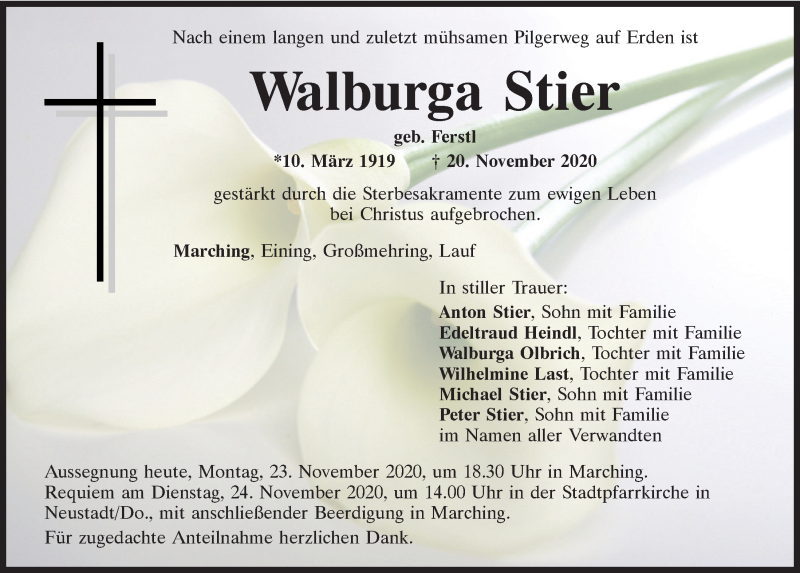  Traueranzeige für Walburga Stier vom 23.11.2020 aus Mittelbayerische Zeitung Kelheim