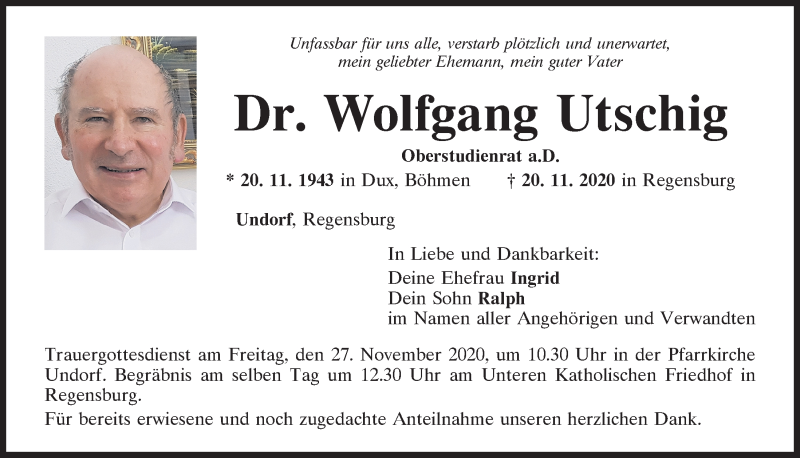  Traueranzeige für Wolfgang Utschig vom 25.11.2020 aus Mittelbayerische Zeitung Regensburg