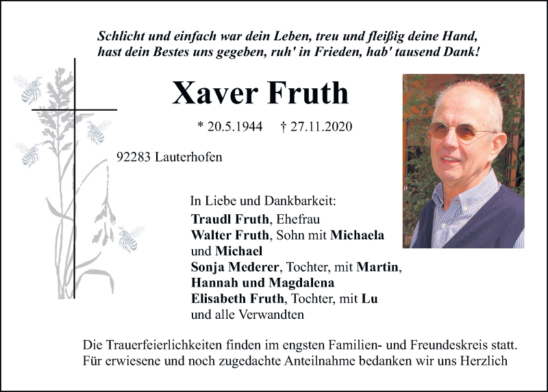  Traueranzeige für Xaver Fruth vom 30.11.2020 aus Neumarkter Tagblatt