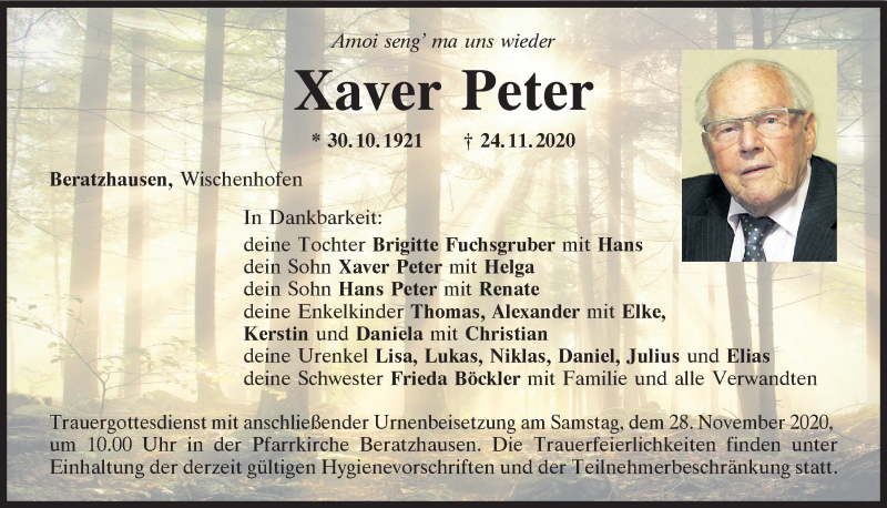  Traueranzeige für Xaver Peter vom 27.11.2020 aus Mittelbayerische Zeitung Regensburg