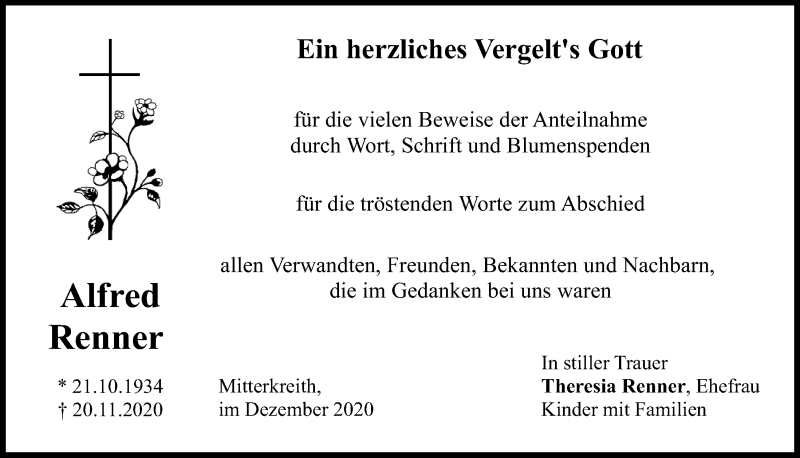  Traueranzeige für Alfred Renner vom 04.12.2020 aus Bayerwald Echo