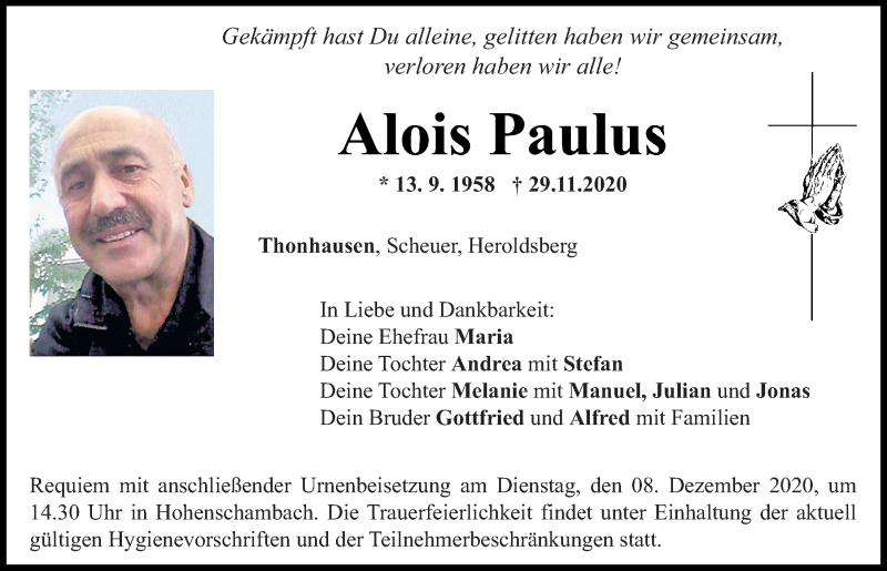  Traueranzeige für Alois Paulus vom 05.12.2020 aus Mittelbayerische Zeitung Regensburg