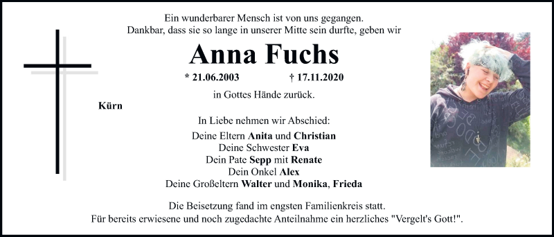  Traueranzeige für Anna Fuchs vom 12.12.2020 aus Mittelbayerische Zeitung Regensburg