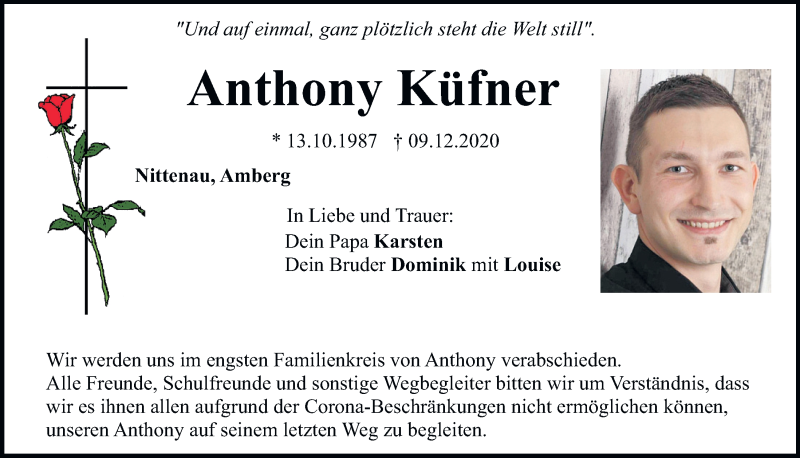  Traueranzeige für Anthony Küfner vom 16.12.2020 aus Mittelbayerische Zeitung Regensburg