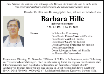 Traueranzeige von Barbara Hille von Mittelbayerische Zeitung Regensburg