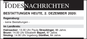Traueranzeige von Bestattungen vom 02.12.2020 von Mittelbayerische Zeitung Regensburg