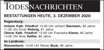 Traueranzeige von Bestattungen vom 03.12.2020 von Mittelbayerische Zeitung Regensburg