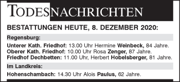 Traueranzeige von Bestattungen vom 08.12.2020 von Mittelbayerische Zeitung Regensburg