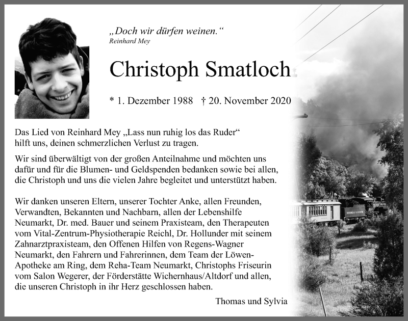  Traueranzeige für Christoph Smatloch vom 22.12.2020 aus Neumarkter Tagblatt