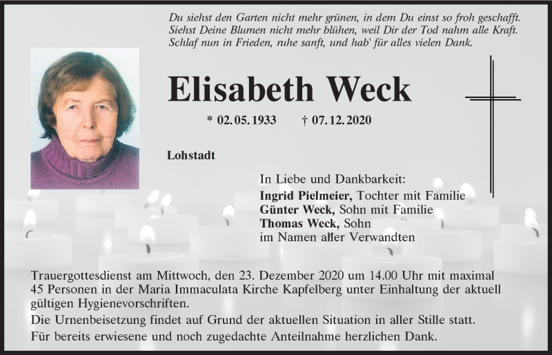  Traueranzeige für Elisabeth Weck vom 19.12.2020 aus Mittelbayerische Zeitung Kelheim